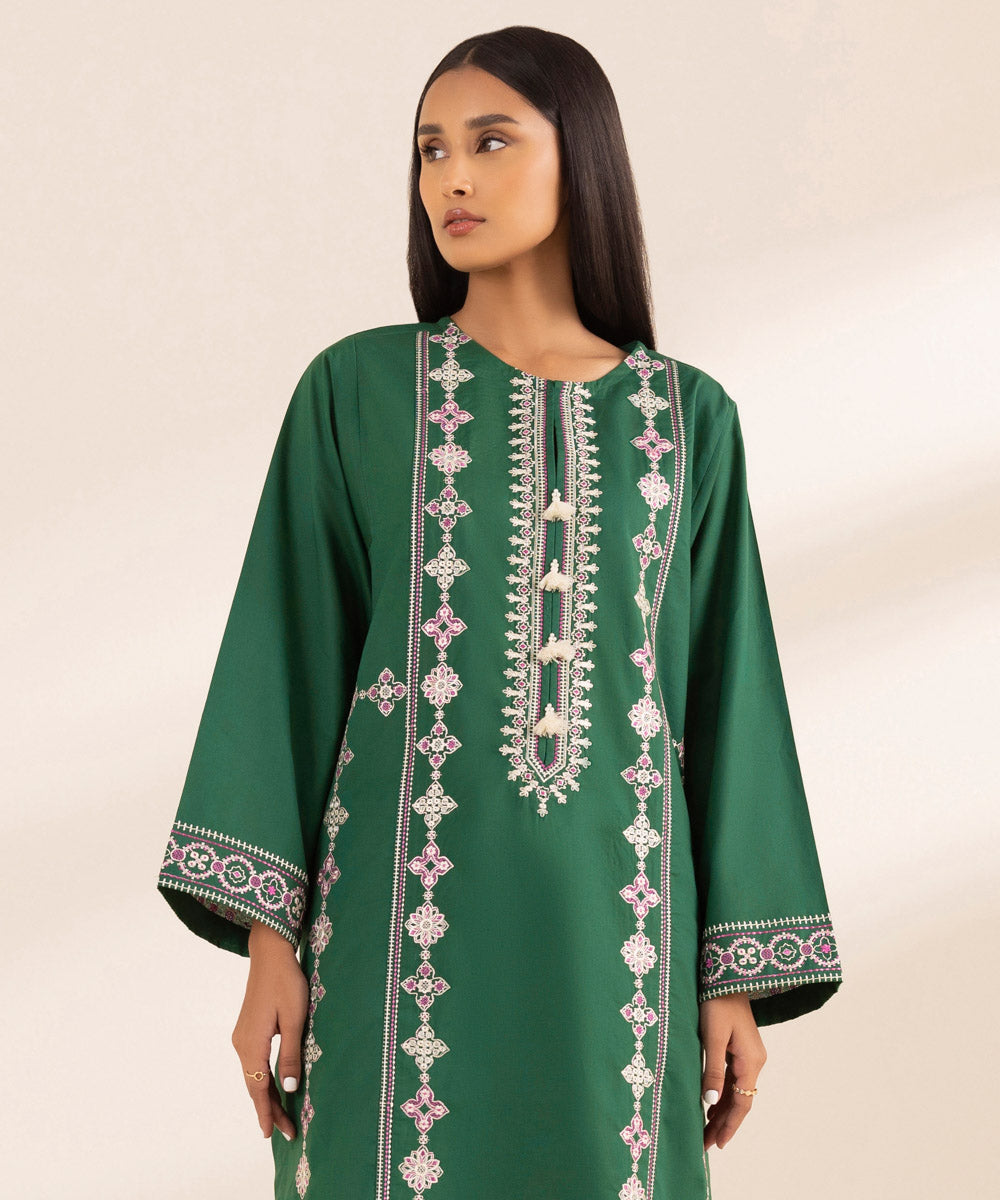 Women's Pret Arabic Lawn Green Solid Embroidered Straight Shirt