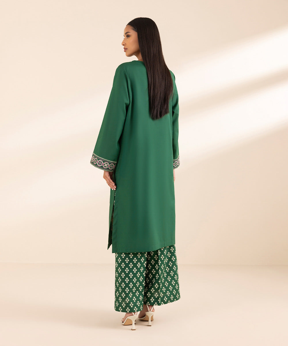 Women's Pret Arabic Lawn Green Solid Embroidered Straight Shirt