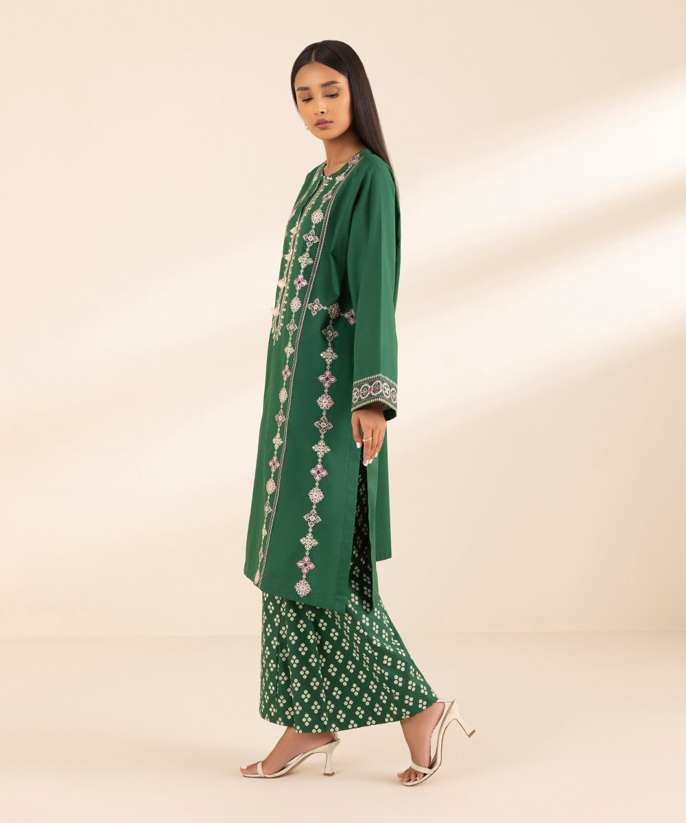 Women's Pret Arabic Lawn Green Solid Embroidered Straight Shirt