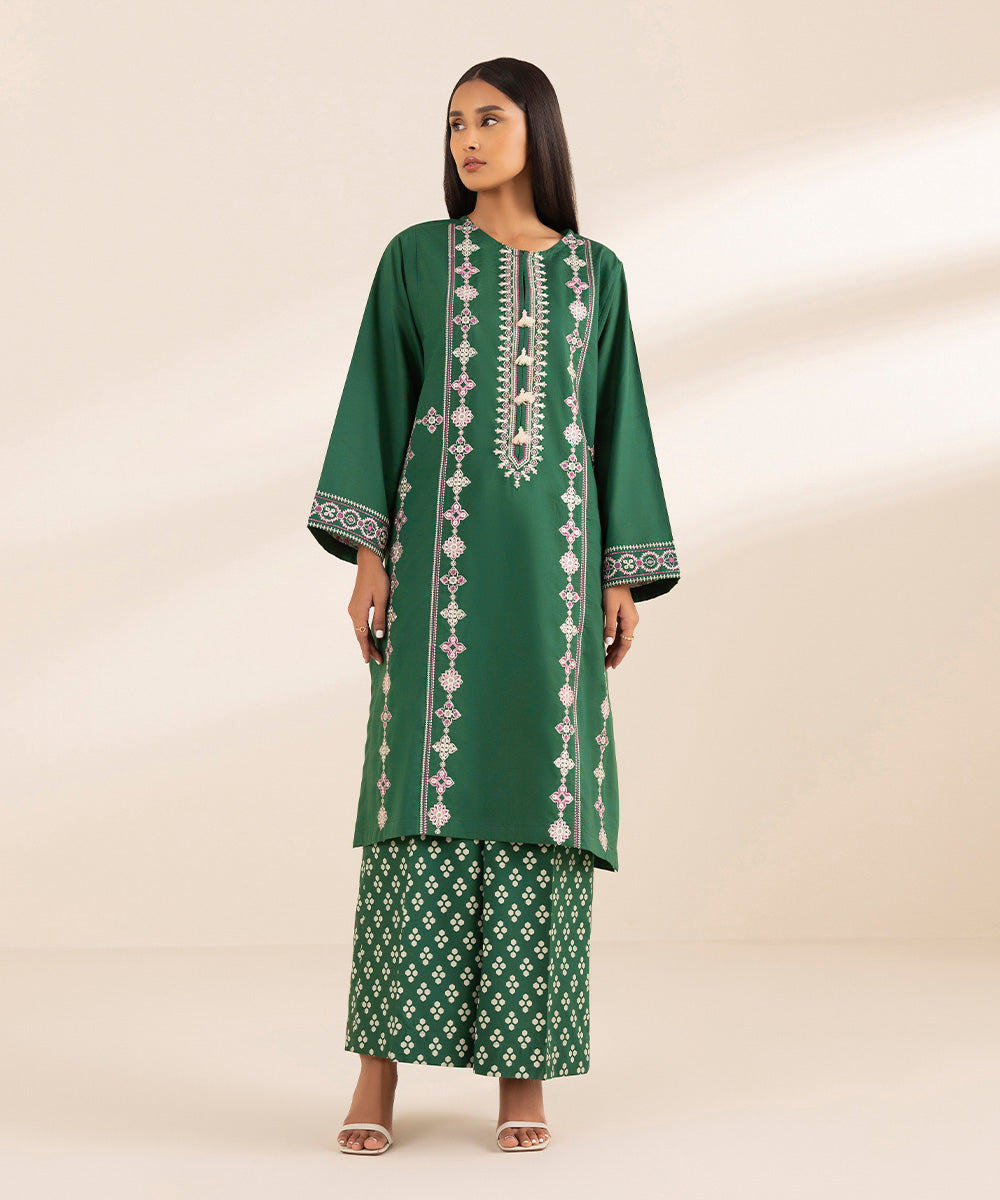 Women's Pret Arabic Lawn Green Solid Embroidered Straight Shirt