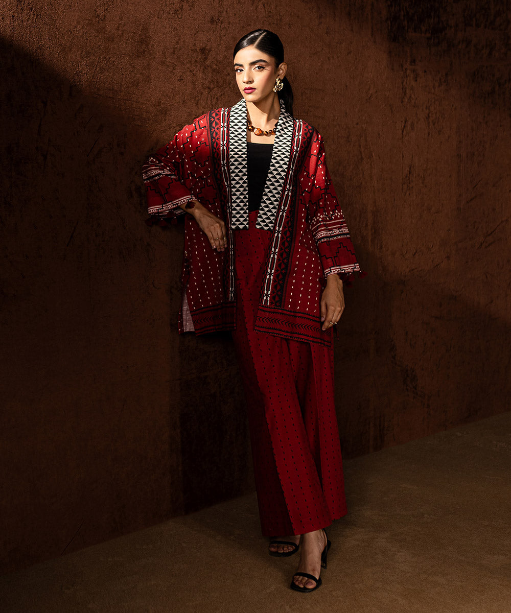 Women's Pret Khaddar Printed Red Front Open Jacket 