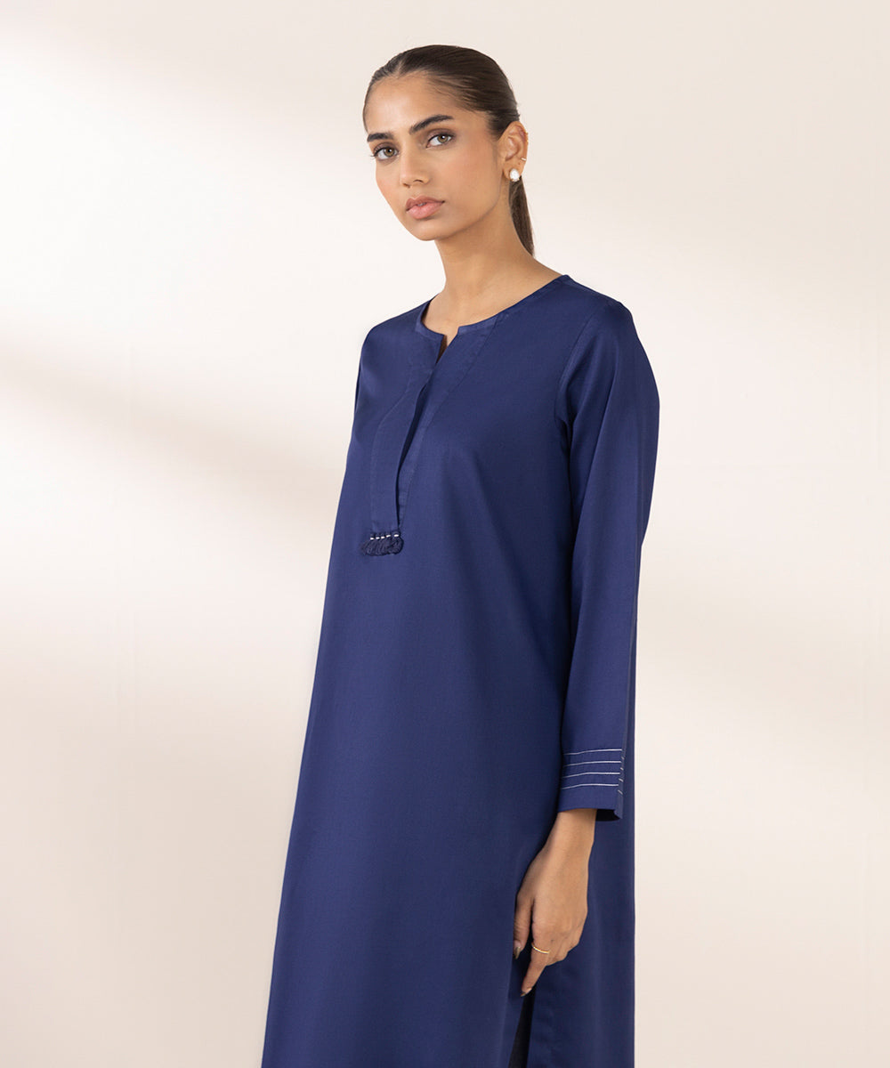 Women's Pret Cotton Satin Solid Blue A-Line Shirt