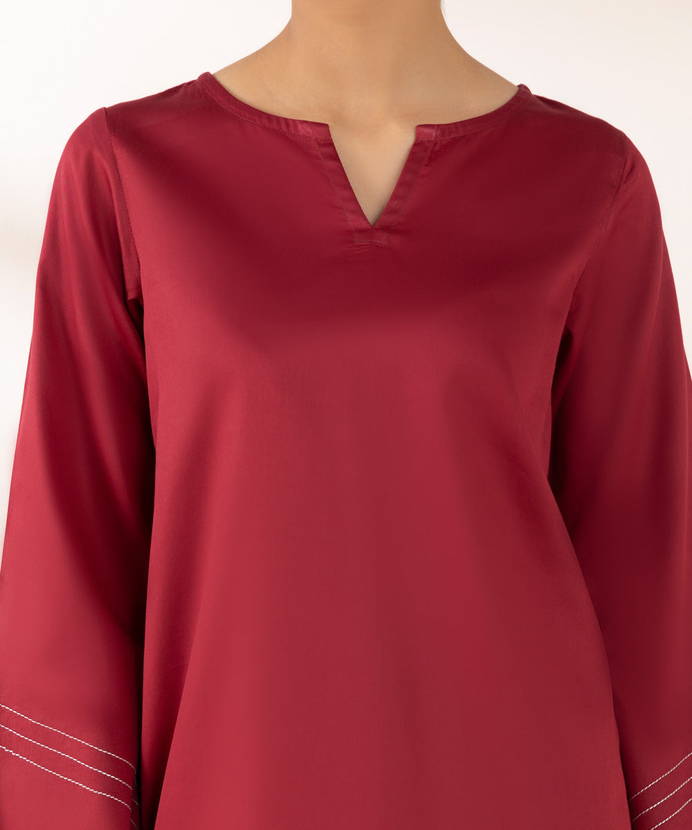 Women's Pret Cotton Satin Solid Red Boxy Shirt