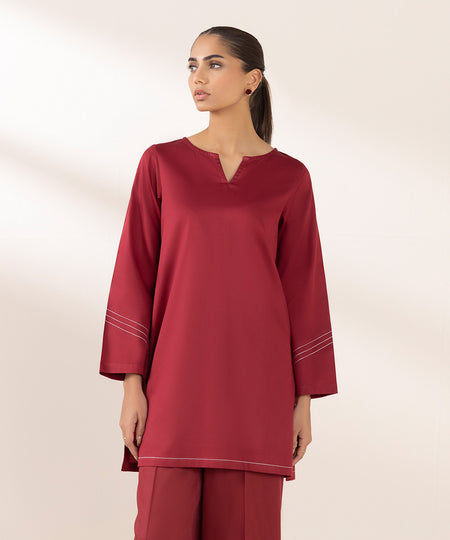 Women's Pret Cotton Satin Solid Red Boxy Shirt