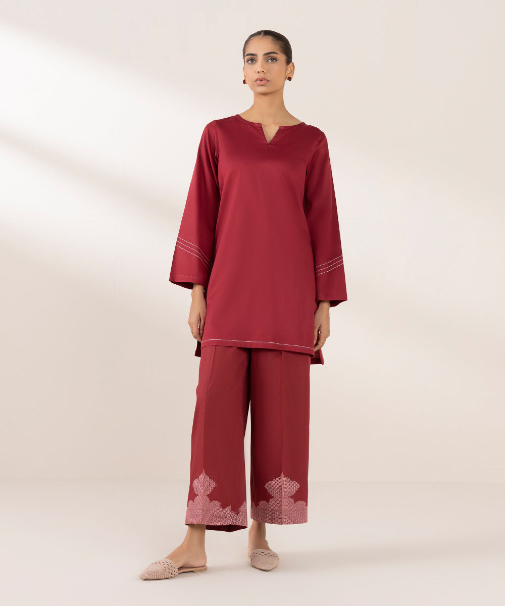 Women's Pret Cotton Satin Solid Red Boxy Shirt