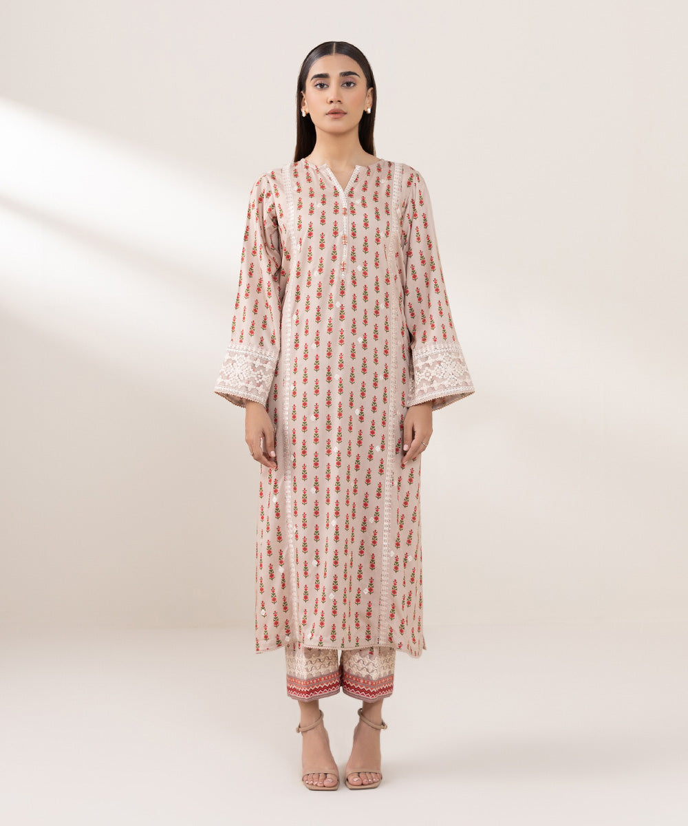 Women's Pret Arabic Lawn Embroidered Beige A-Line Shirt