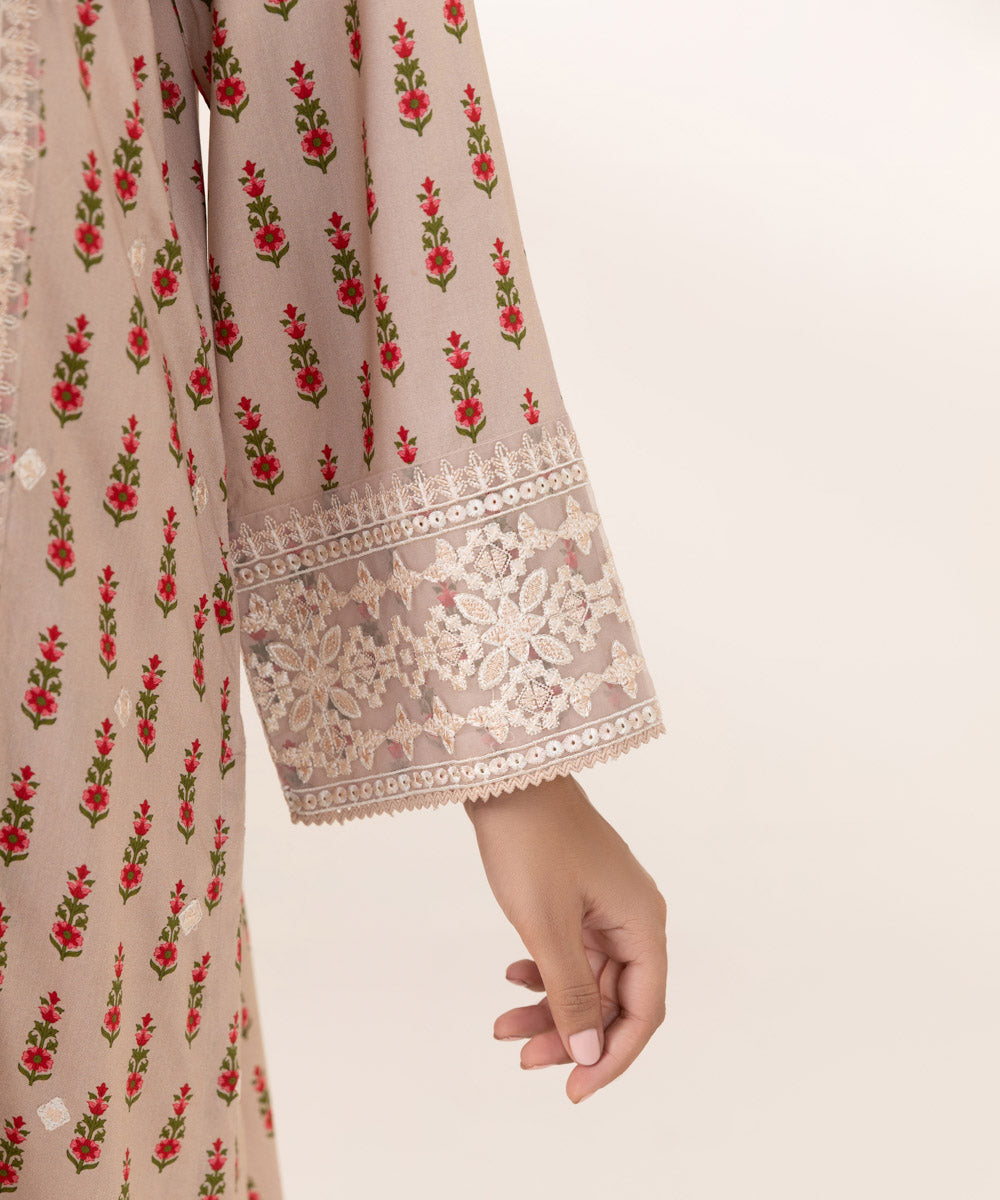 Women's Pret Arabic Lawn Embroidered Beige A-Line Shirt