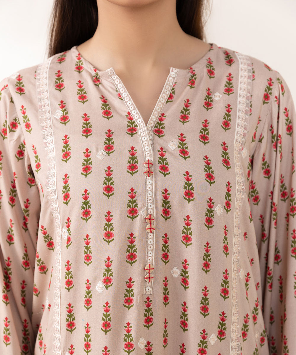 Women's Pret Arabic Lawn Embroidered Beige A-Line Shirt