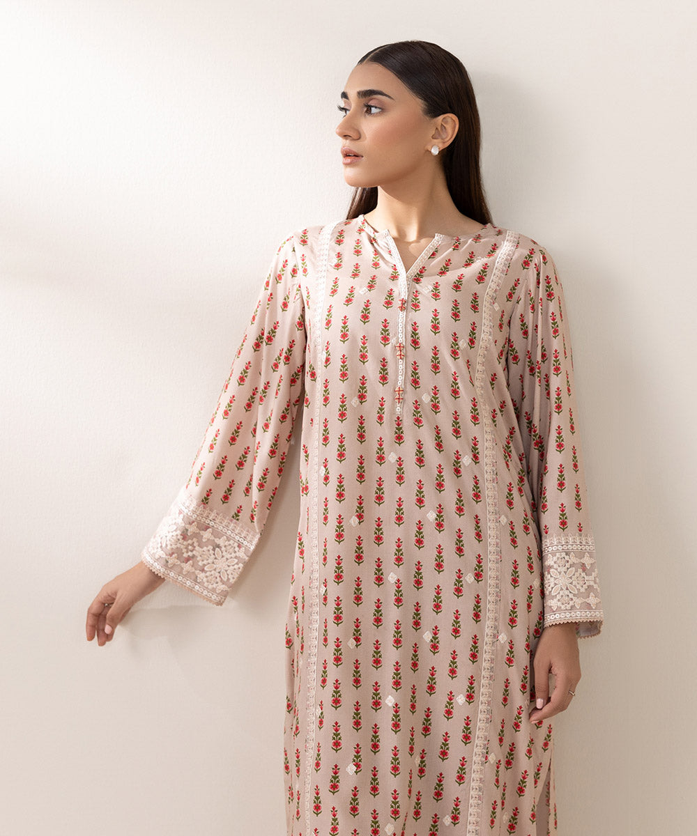 Women's Pret Arabic Lawn Embroidered Beige A-Line Shirt