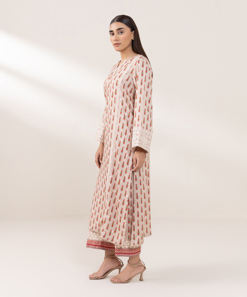 Women's Pret Arabic Lawn Embroidered Beige A-Line Shirt