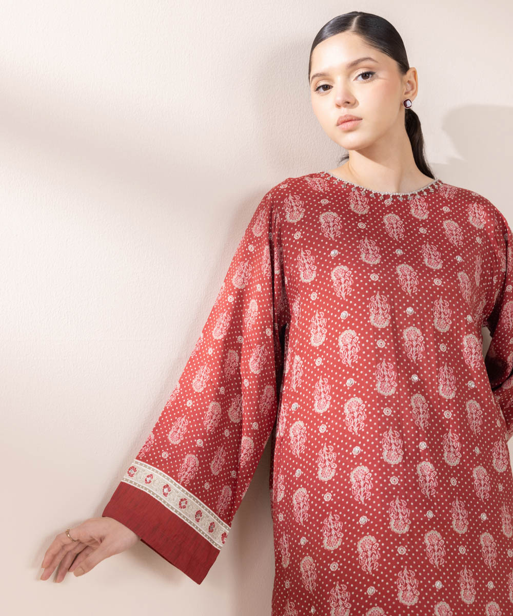 Women's Pret Viscose Raw Silk Red Printed Straight Shirt