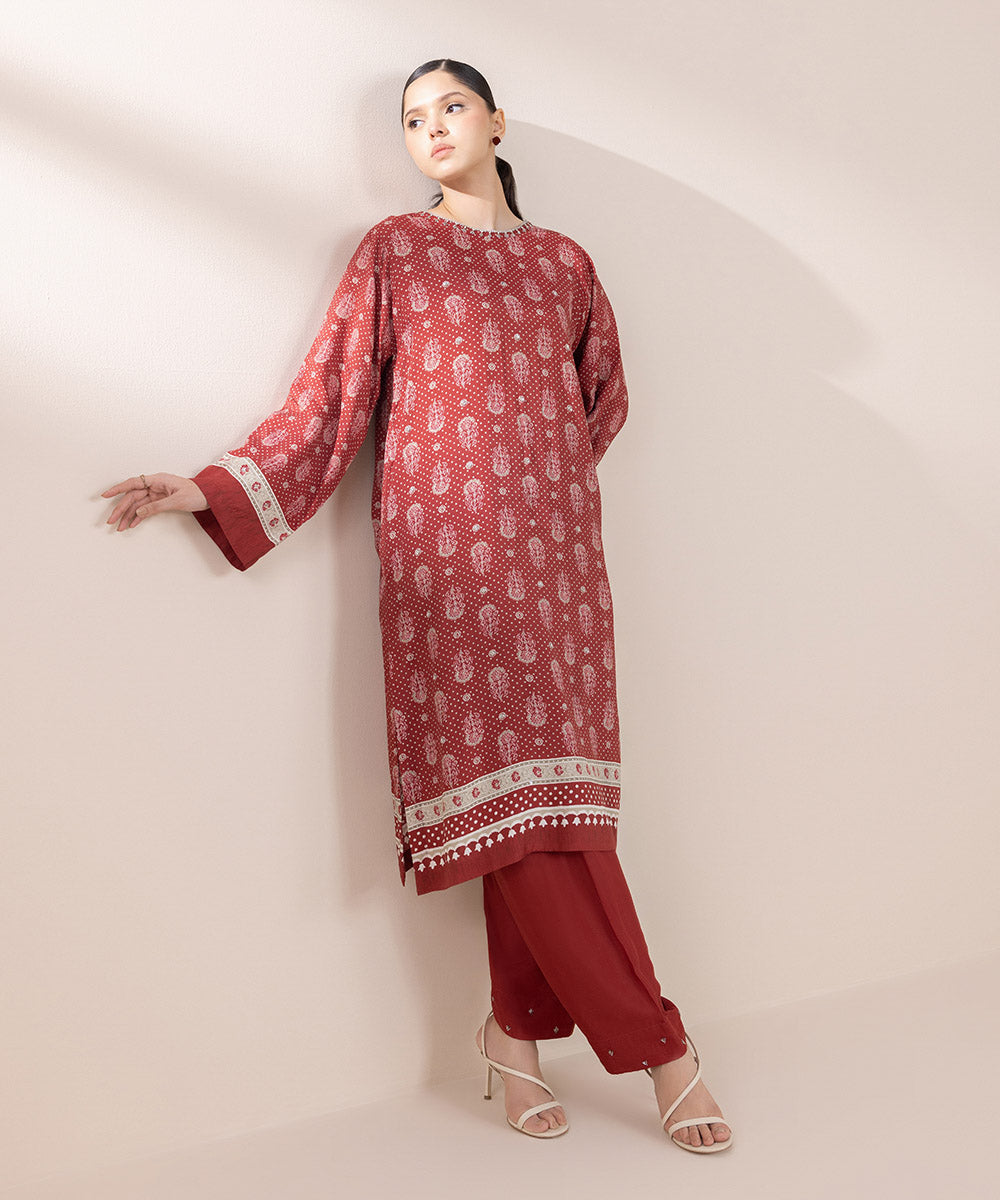 Women's Pret Viscose Raw Silk Red Printed Straight Shirt