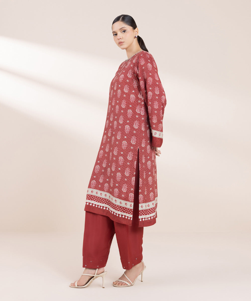 Women's Pret Viscose Raw Silk Red Printed Straight Shirt