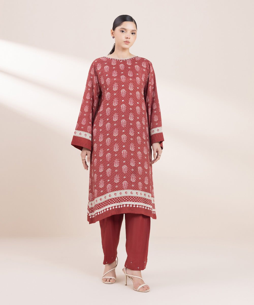 Women's Pret Viscose Raw Silk Red Printed Straight Shirt