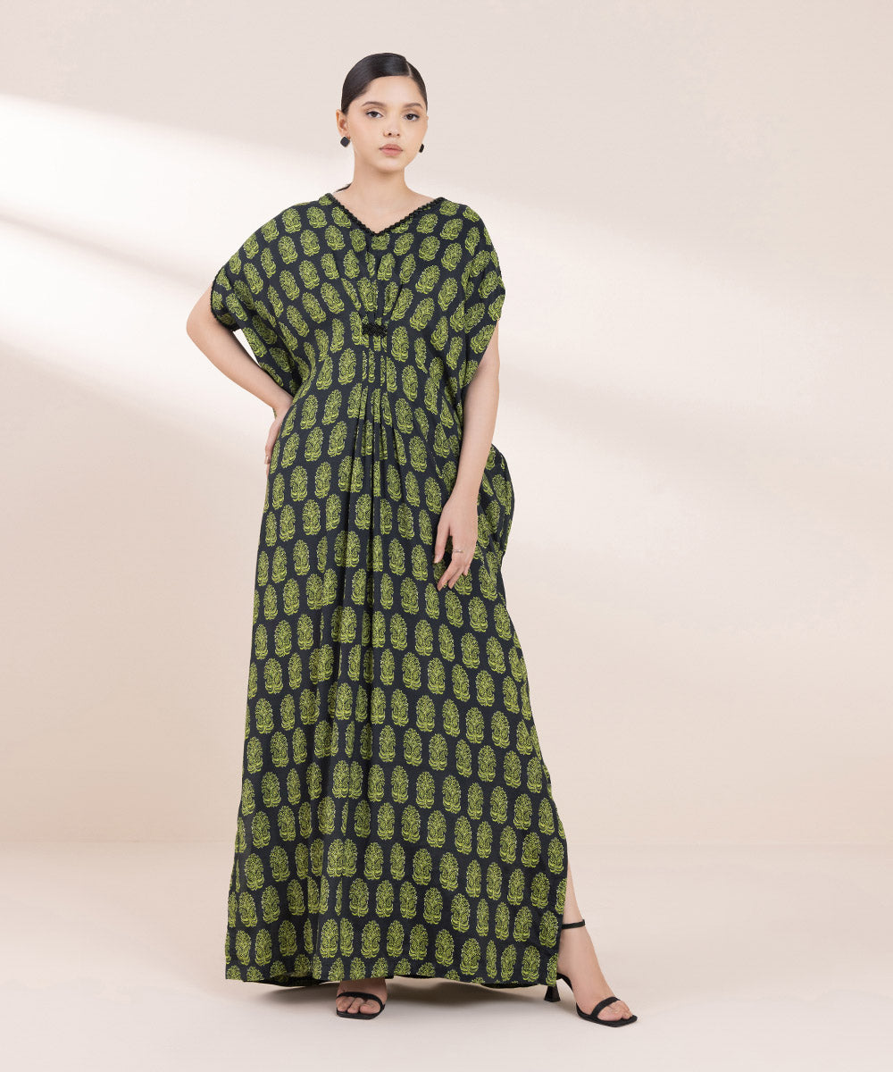 Women's Pret Viscose Raw Silk Printed Green Kaftan