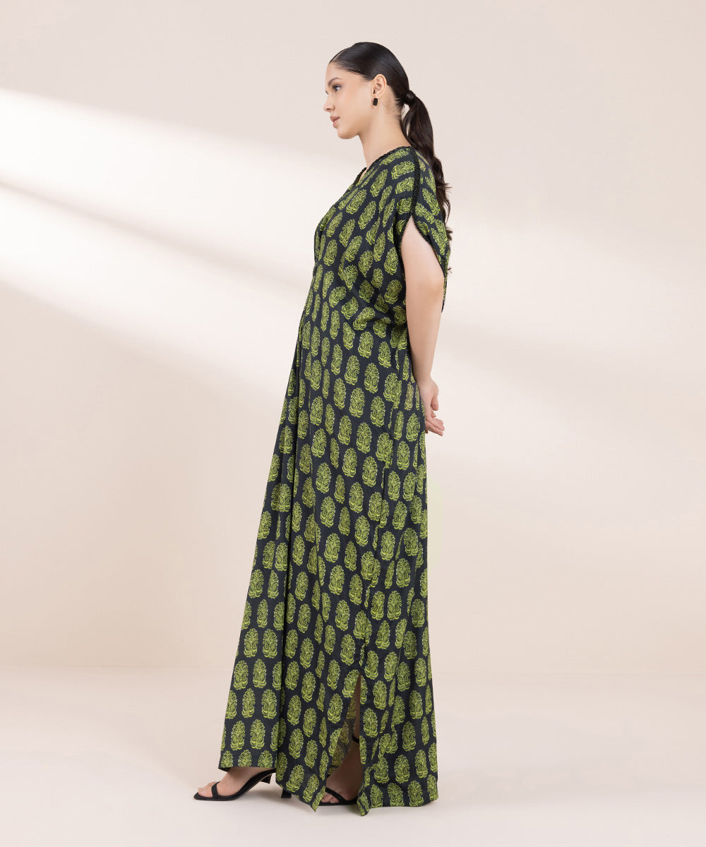 Women's Pret Viscose Raw Silk Printed Green Kaftan