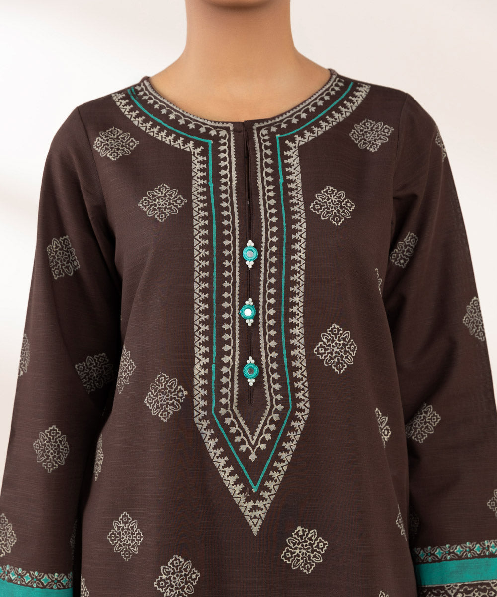 Women's Pret Khaddar Printed Brown A-Line Shirt