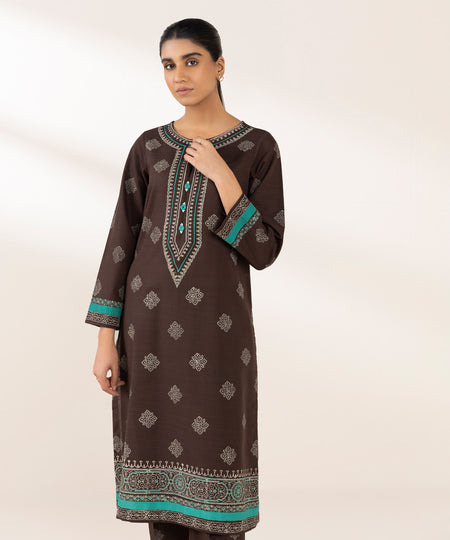 Women's Pret Khaddar Printed Brown A-Line Shirt