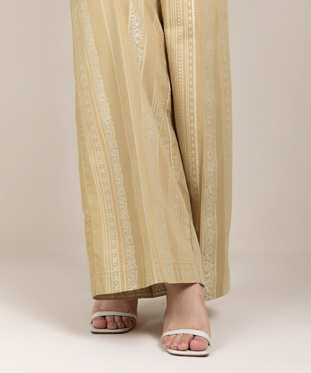 Women's Pret Extra Weft Jacquard Solid Beige Flared Pants