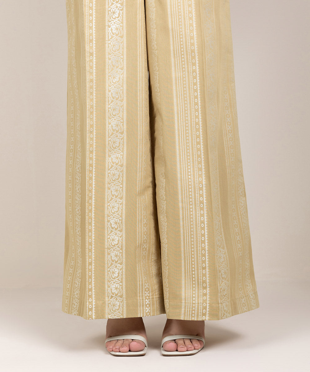 Women's Pret Extra Weft Jacquard Solid Beige Flared Pants