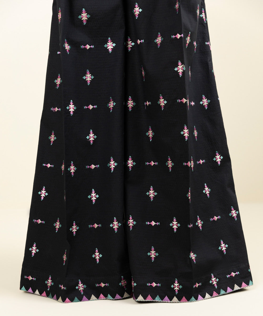 Women's Pret Dobby Embroidered Black Flared Pants