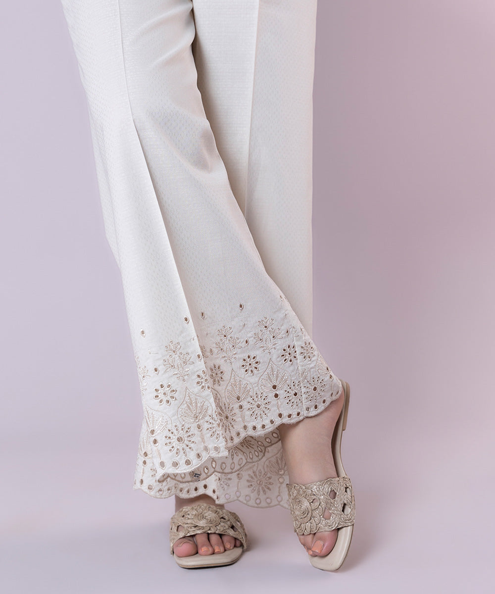 Women's Pret Textured Cotton Embroidered Off White Culottes