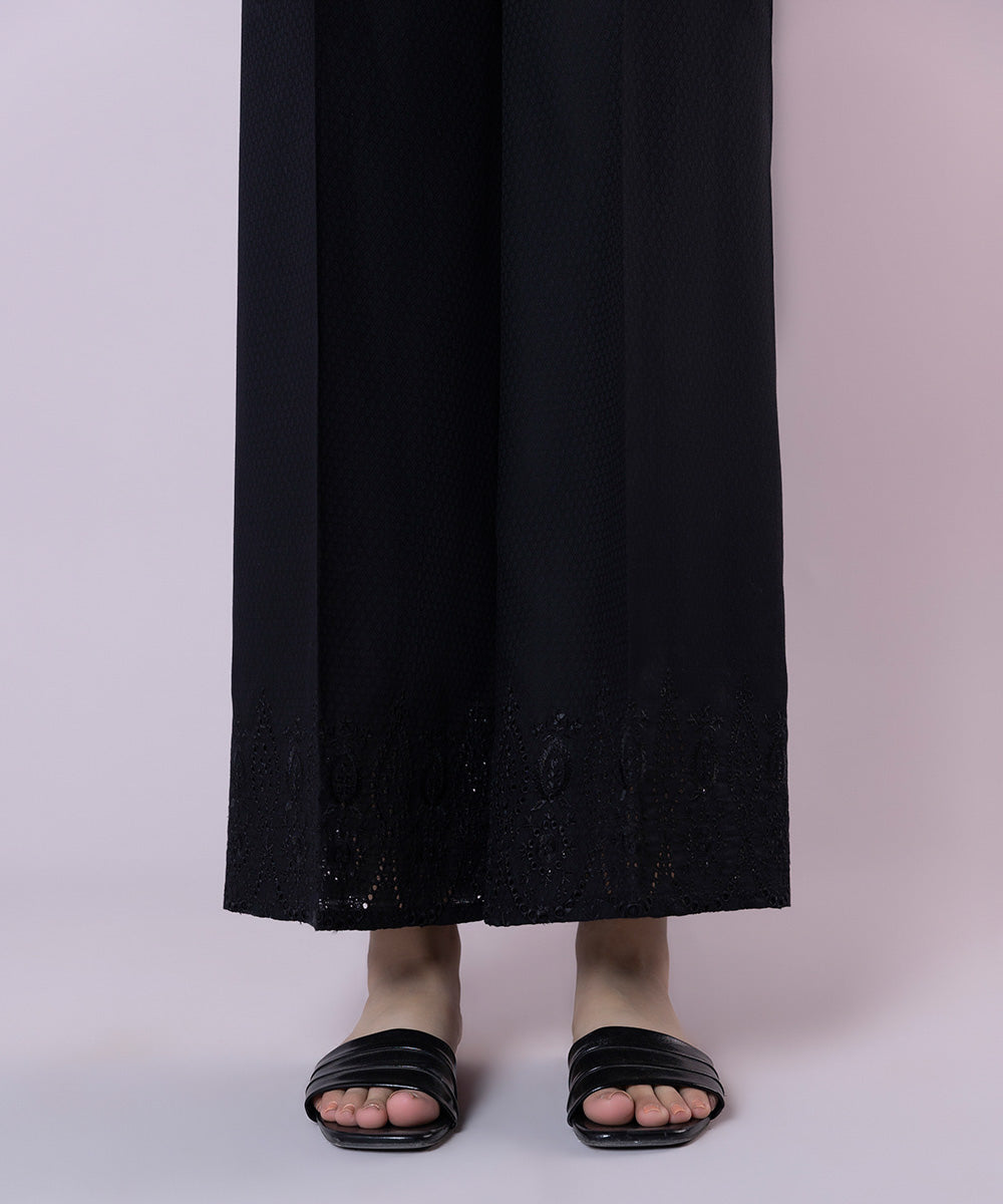 Women's Pret Textured Cotton Embroidered Black Culottes