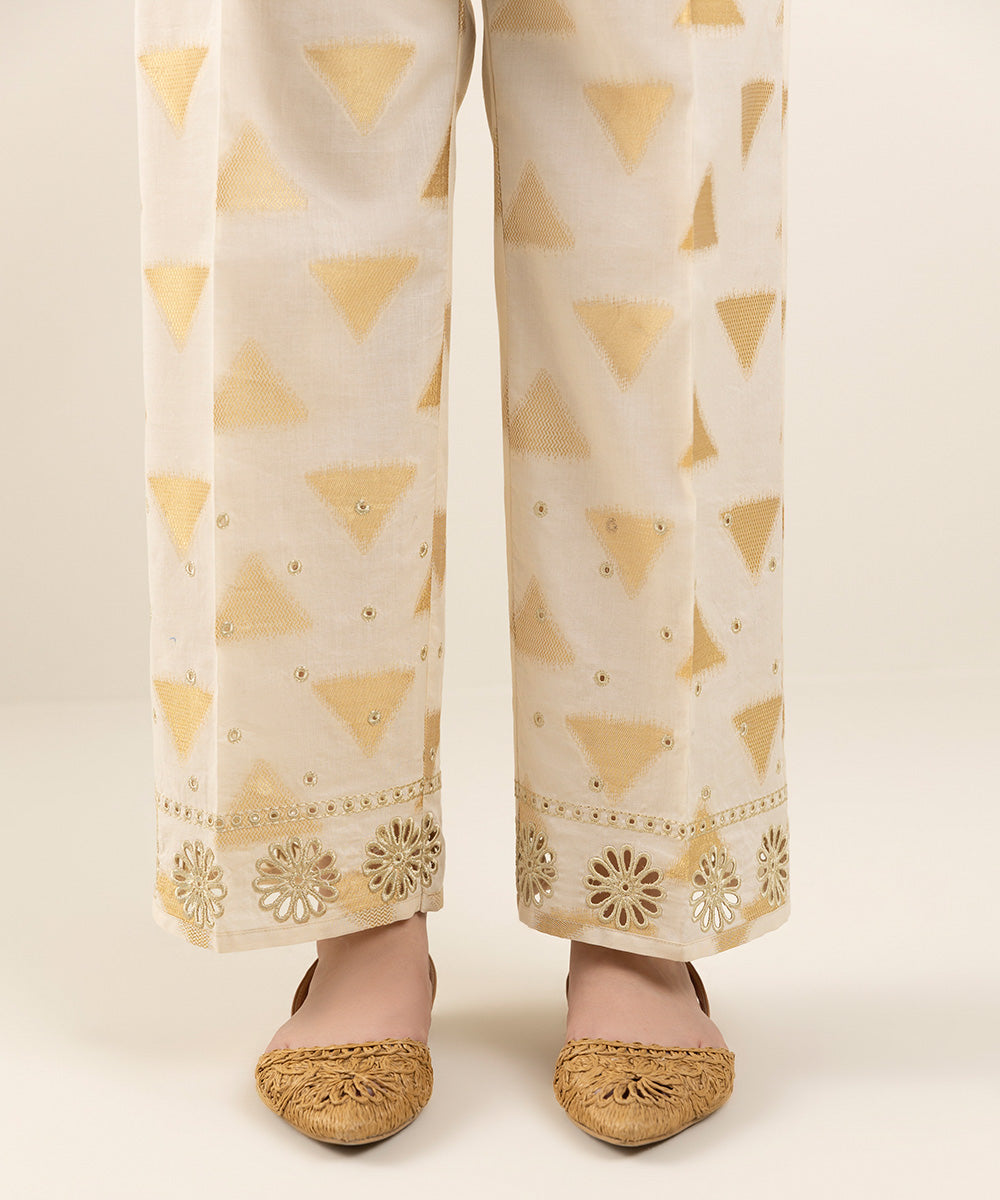 Women's Pret Extra Weft Jacquard Off White Dyed Straight Pants