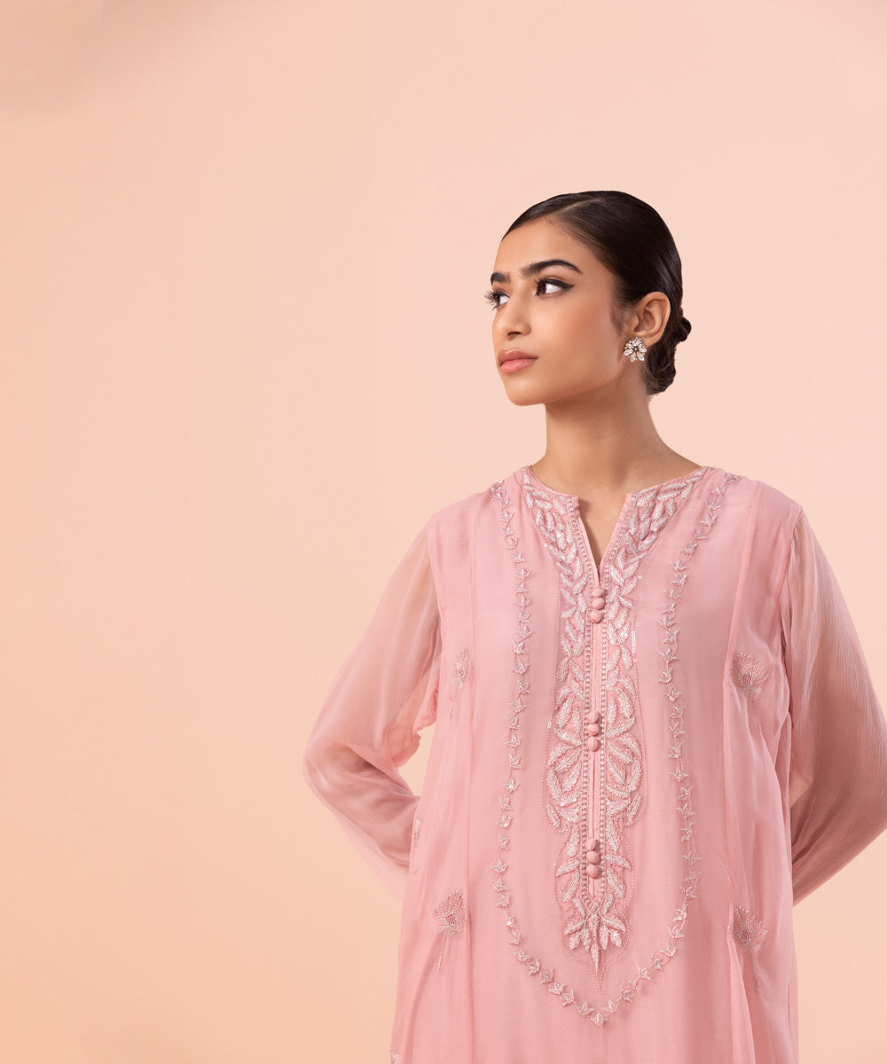 Women's Luxe Pret Crinkle Chiffon  Embroidered Tea Pink Shirt