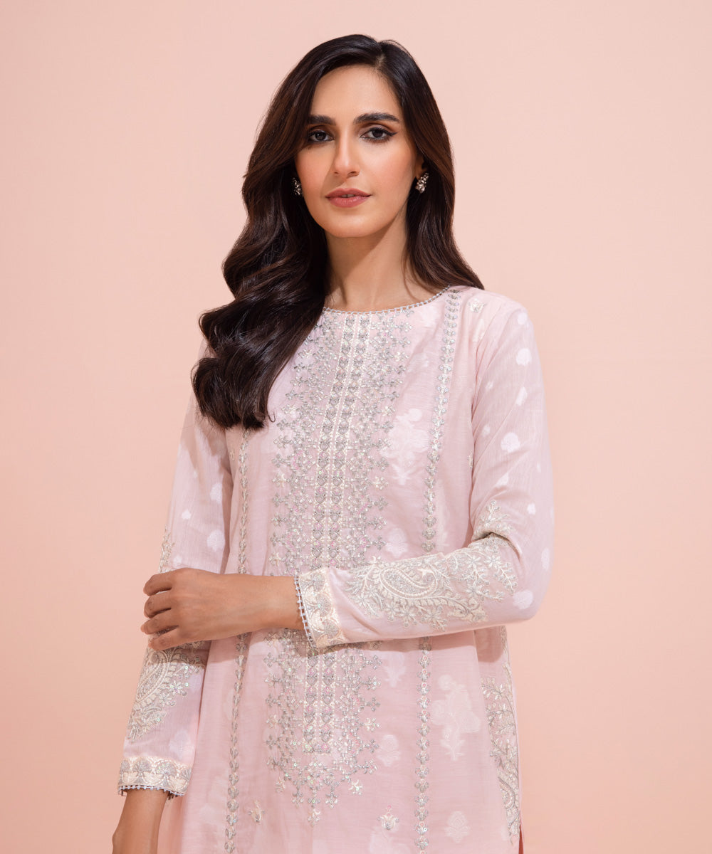 Women's Eid Pret Kota Jacquard Embroidered Blush Pink 2 Piece Suit