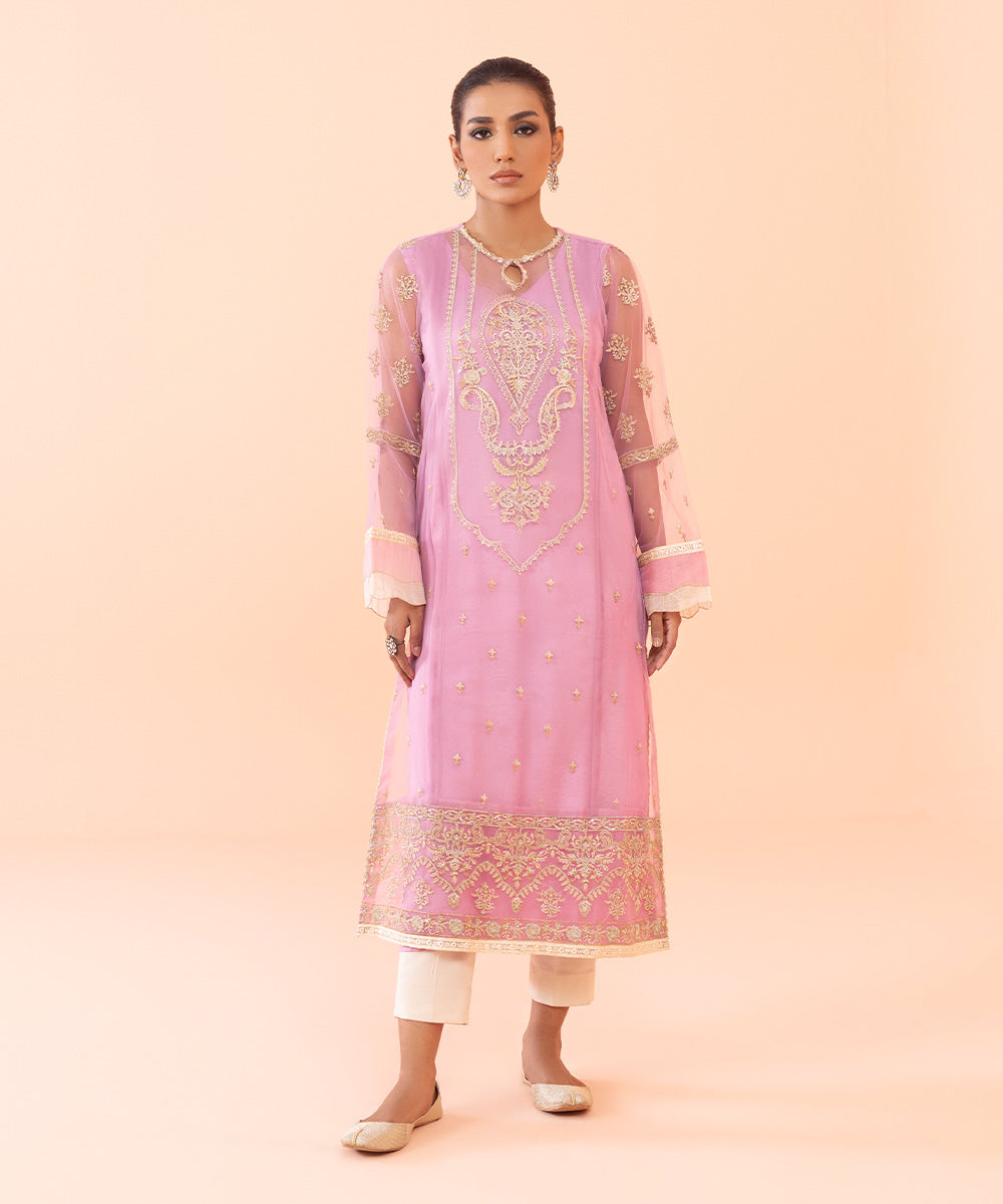Women's Intermix Pret Luxe Embroidered Blended Net Tea Pink Shirt