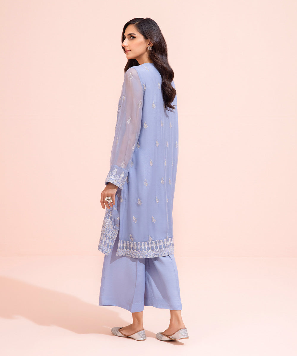 Women's Eid Pret Bemberg Crinkle Chiffon Embroidered Sky Blue 2 Piece Suit
