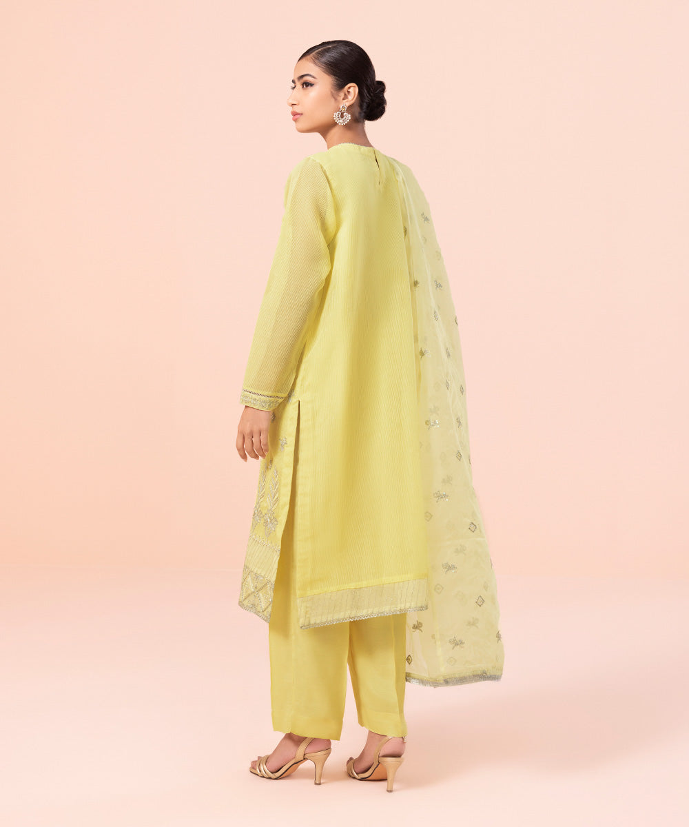 Women's Luxe Pret Karandi Dobby Embroidered Yellow 3 Piece Suit
