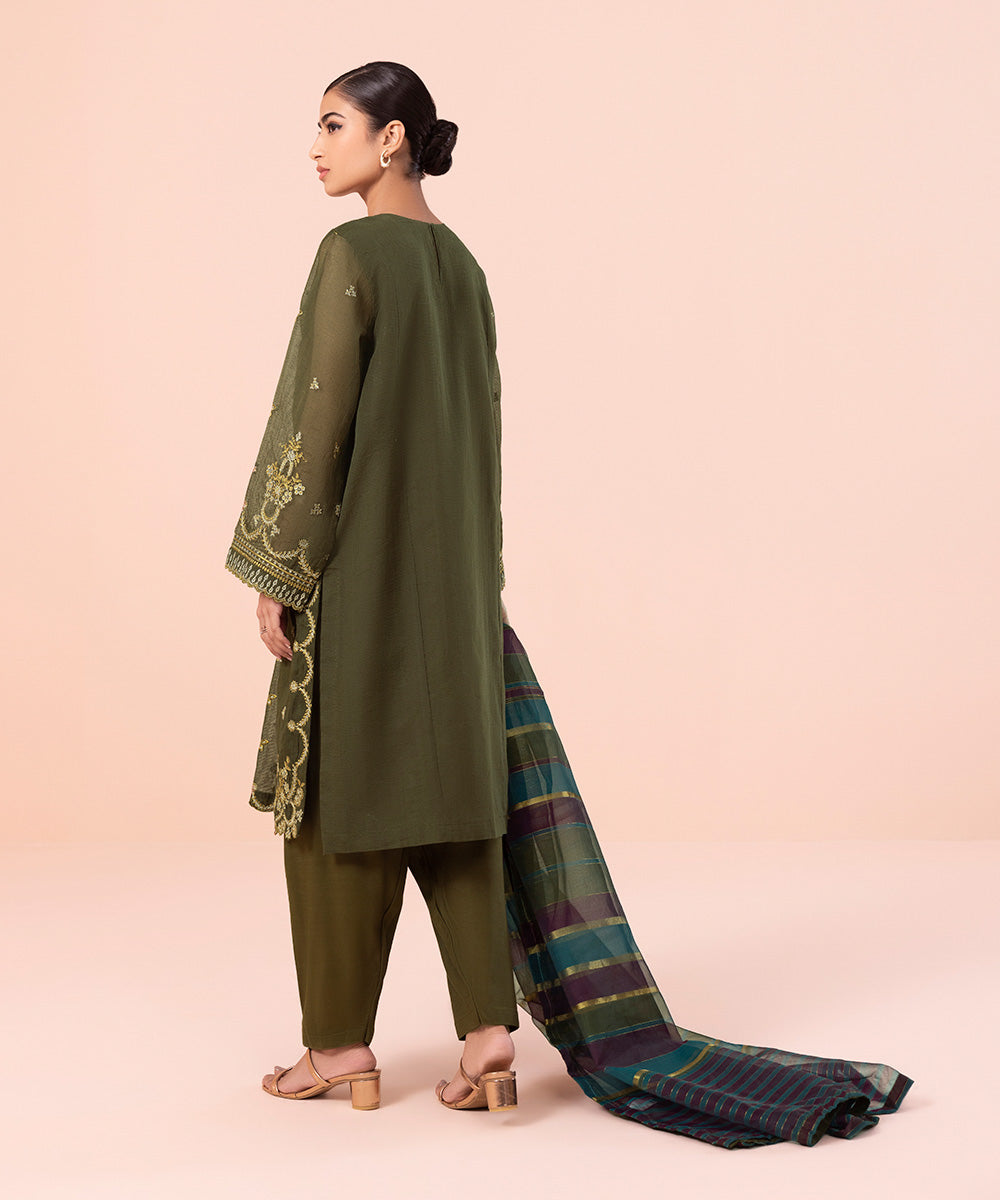 Women's Luxe Pret Karandi Dobby Embroidered Green 3 Piece Suit
