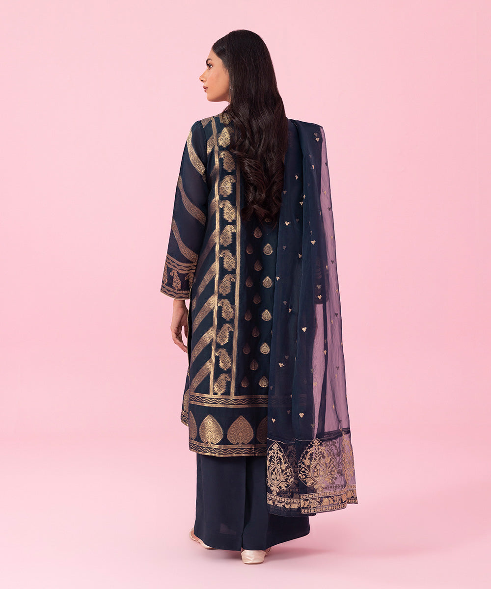 Women's Festive Pret Embroidered Extra Weft Jacquard Blue 3 Piece Suit