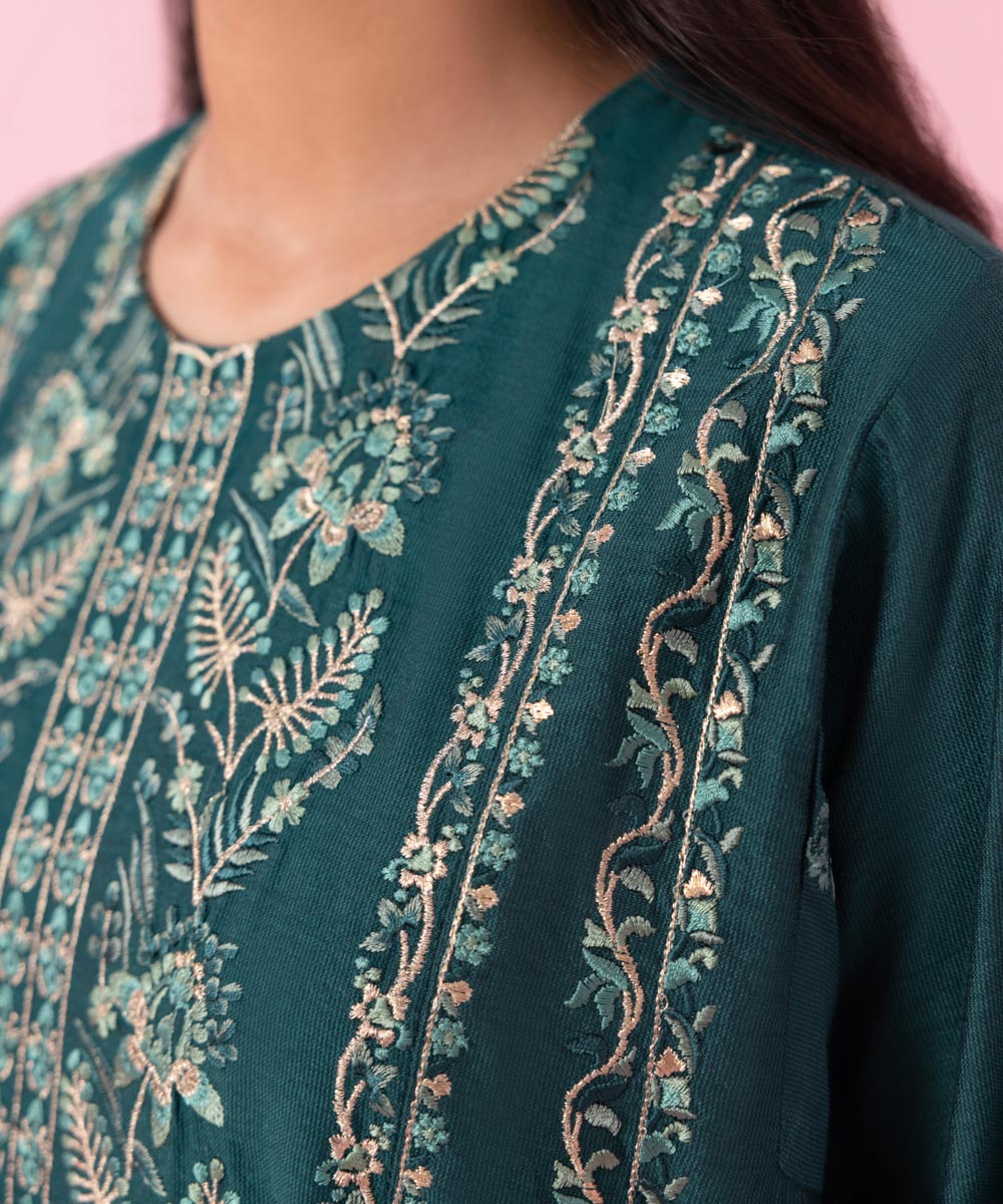 Women's Festive Pret Embroidered Silk Cotton Net Green 2 Piece Suit
