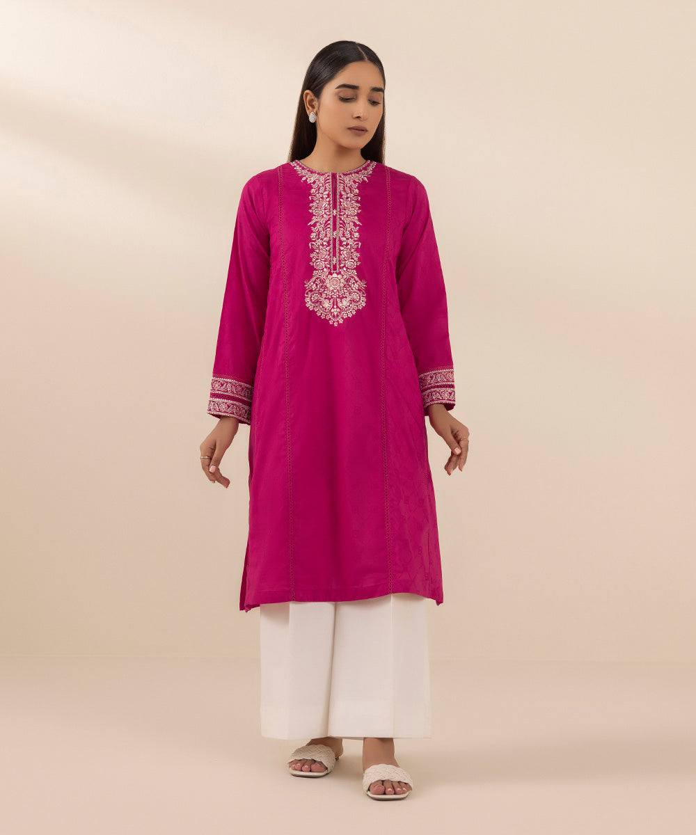 Women's Pret Cotton Jacquard Pink Solid Embroidered A-Line Shirt