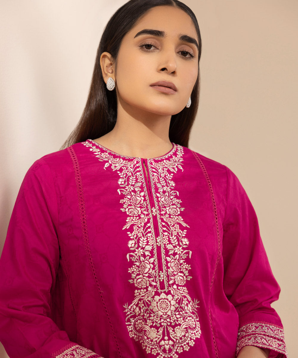 Women's Pret Cotton Jacquard Pink Solid Embroidered A-Line Shirt