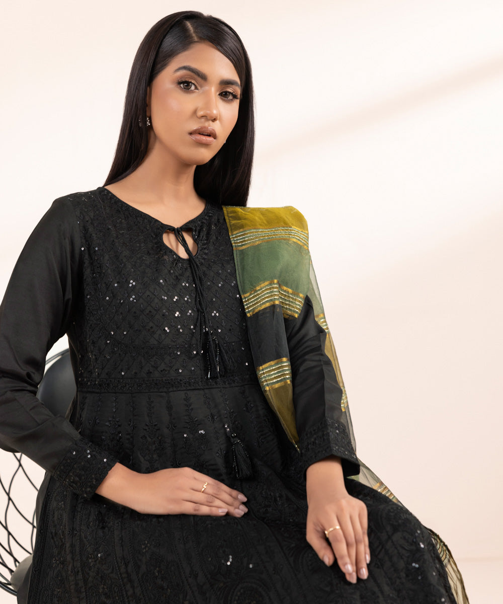 Women's Pret Viscose Raw Silk Embroidered Black 2 Piece Pishwas