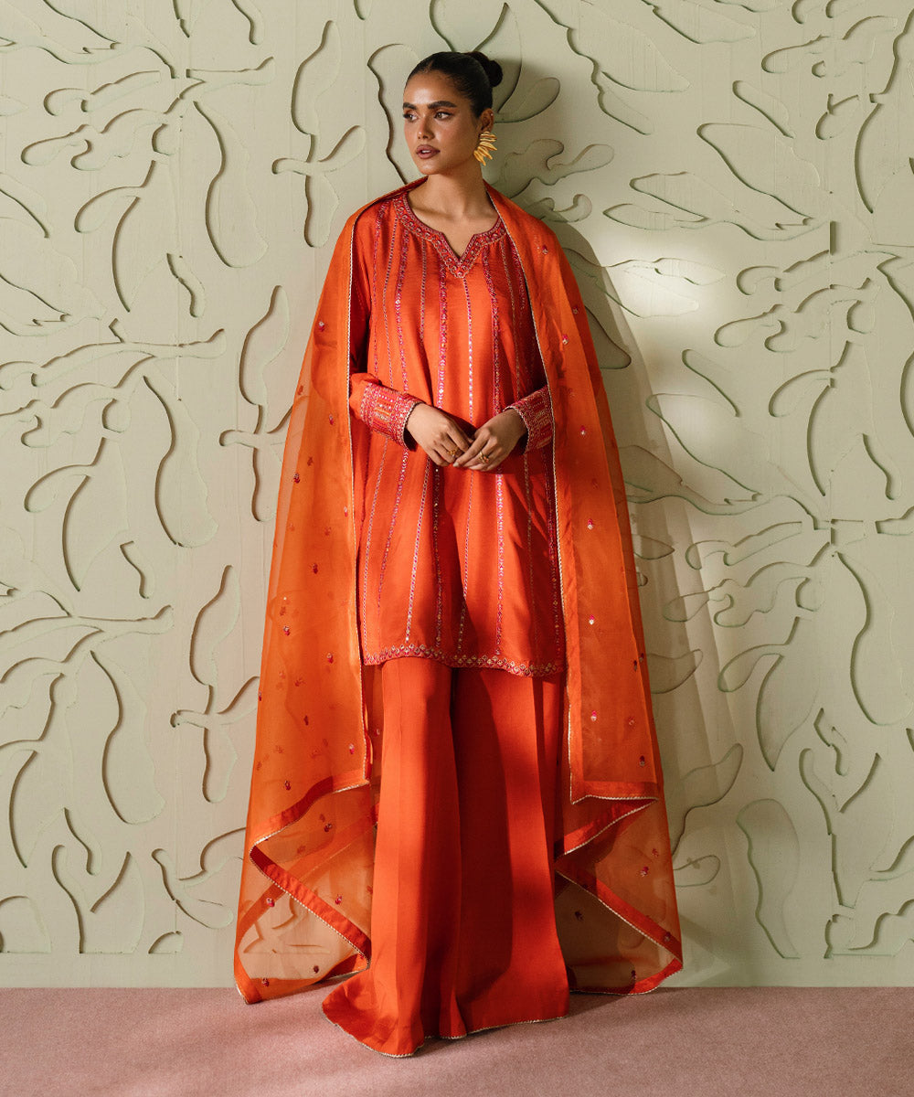 Women's Pret Raw Silk Embroidered Orange 3 Piece Suit