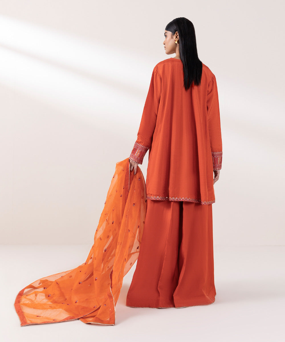 Women's Pret Raw Silk Embroidered Orange 3 Piece Suit