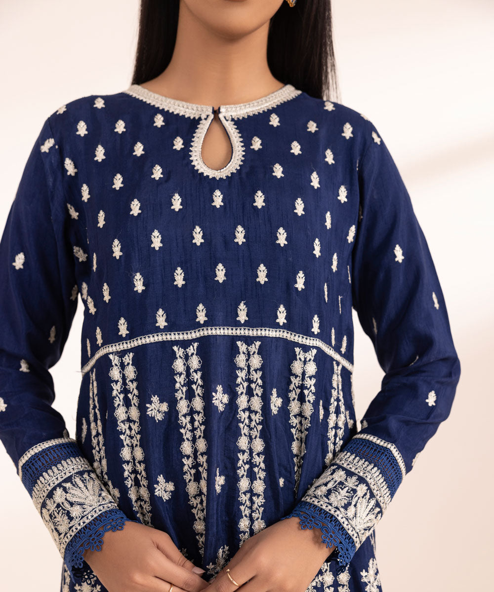 Women's Pret Raw Silk Embroidered Blue 3 Piece Pishwas