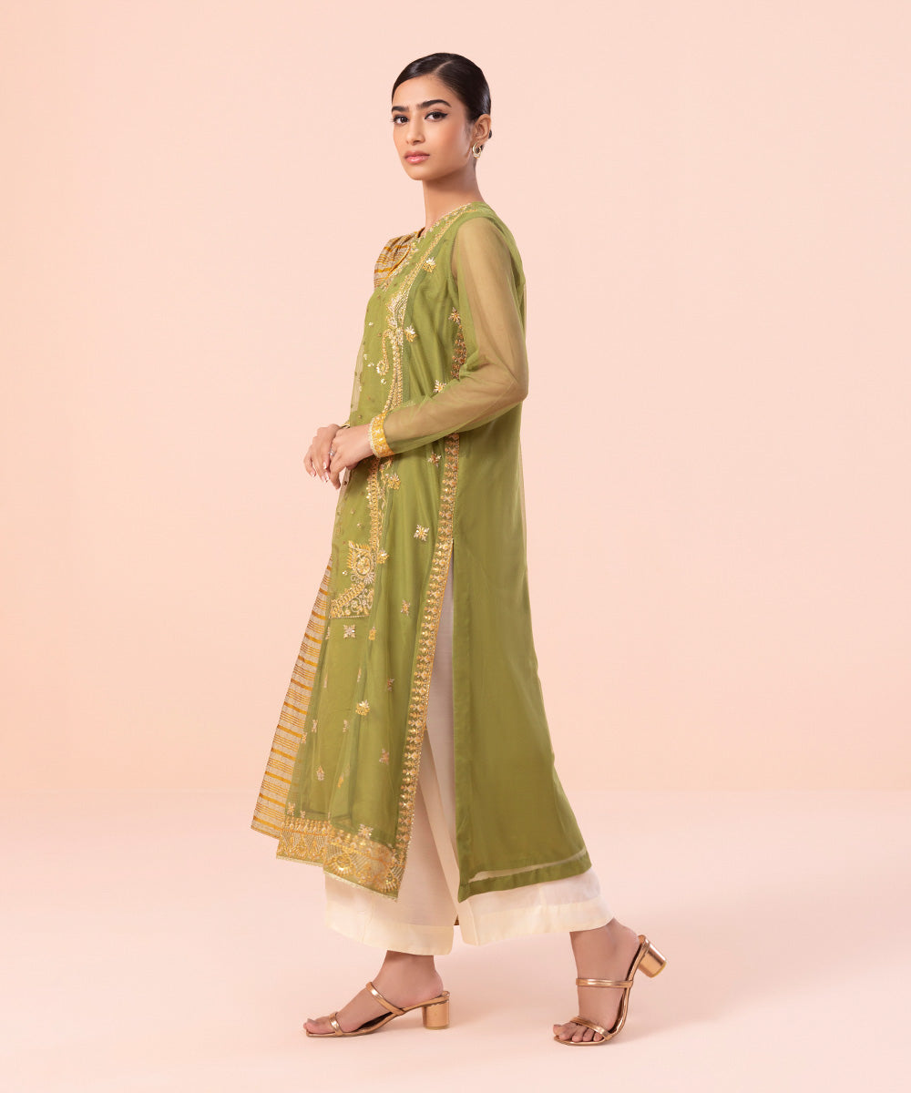 Women's Luxe Pret Net Embroidered Green 2 Piece Suit