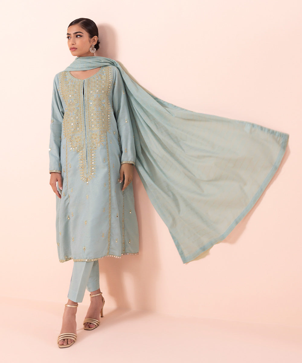 Women's Luxe Pret Zari Jacquard  Embroidered Blue 3 Piece Suit