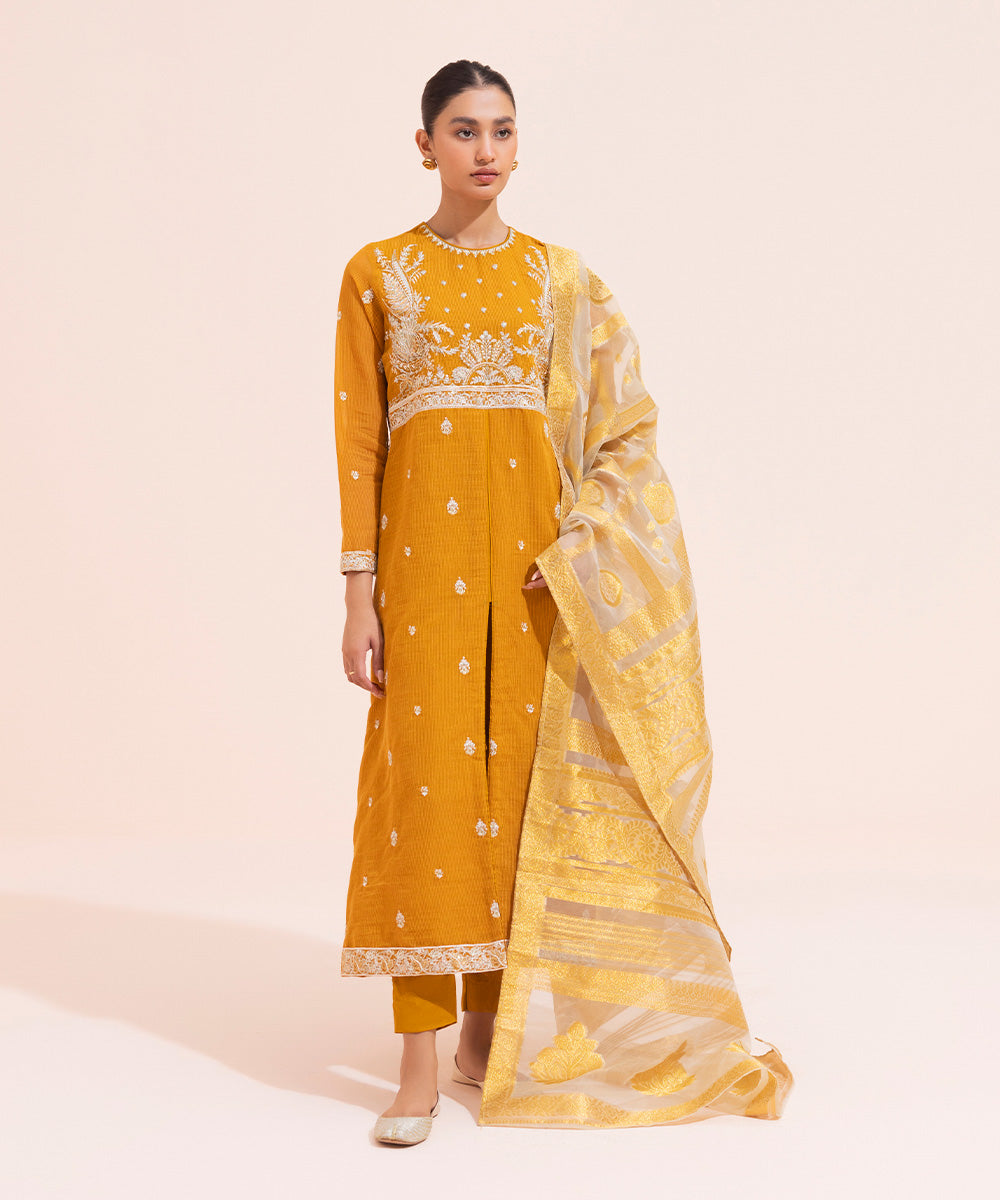 Women's Eid Pret Blended Karandi Dobby Embroidered Mustard 3 Piece Suit