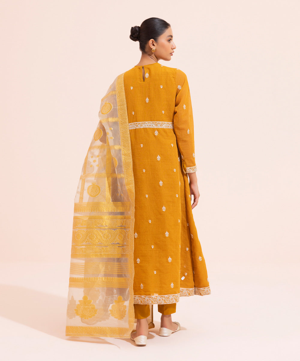 Women's Eid Pret Blended Karandi Dobby Embroidered Mustard 3 Piece Suit