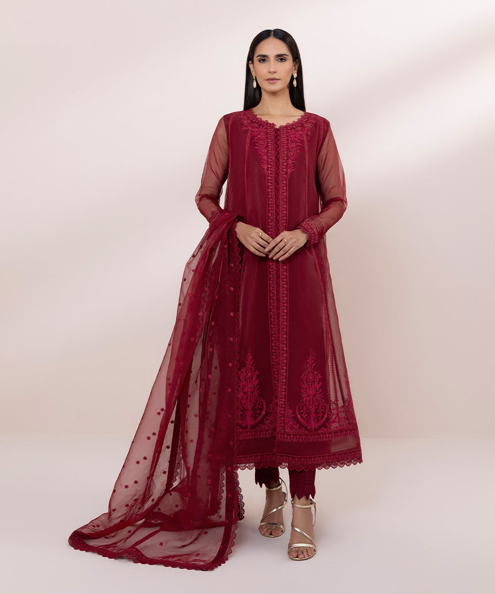 Women's Pret Embroidered Organza Red 3 Piece Suit
