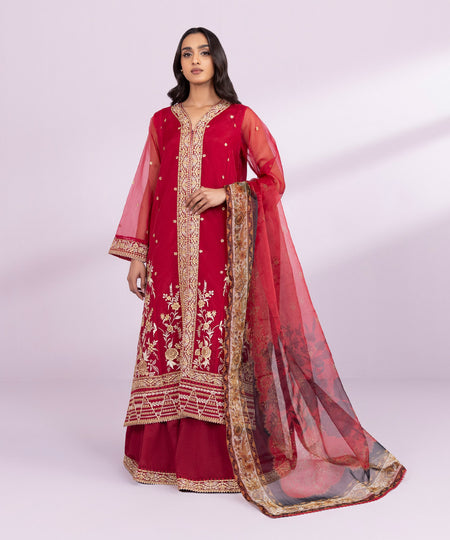 Women's Pret Blended Organza Embroidered Red 3 Piece Suit