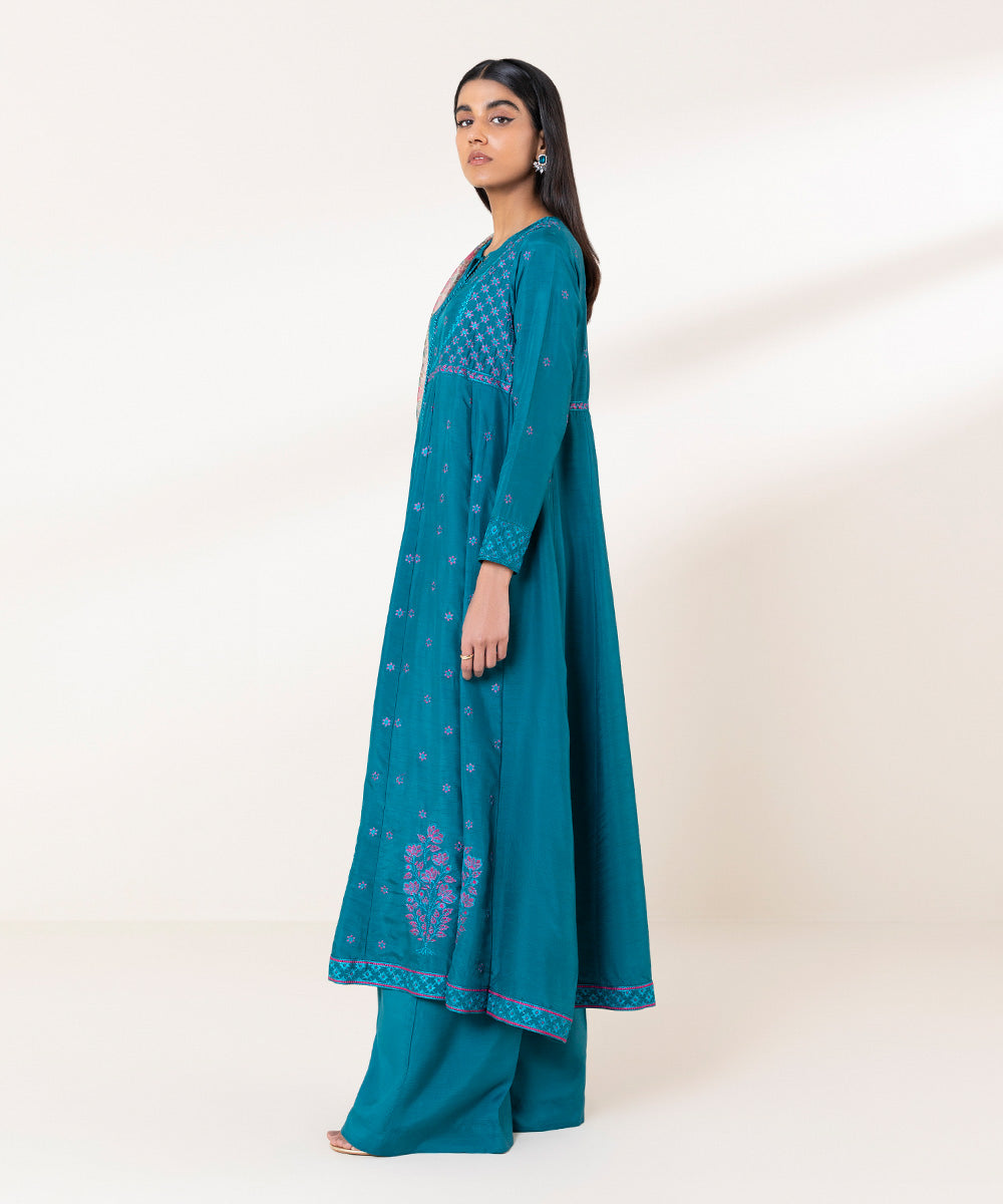 Women's Pret Raw Silk Dyed Blue 3 Piece Suit