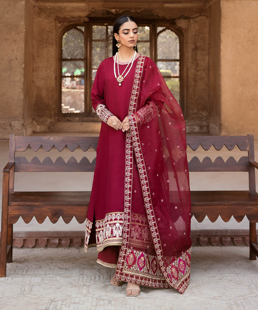 Women's Pret Raw Silk Dyed Red 3 Piece Suit